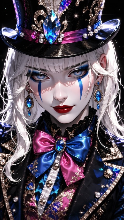 Close-up digital portrait of an anime-style character with white hair, blue eyes, and blue teardrop makeup wearing a jeweled top hat and bow tie.