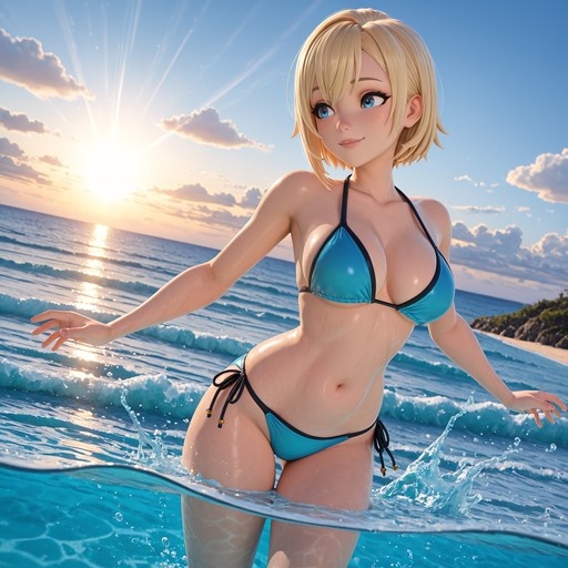 A blonde anime woman with blue eyes stands in the ocean wearing a blue bikini as the sun sets behind her.