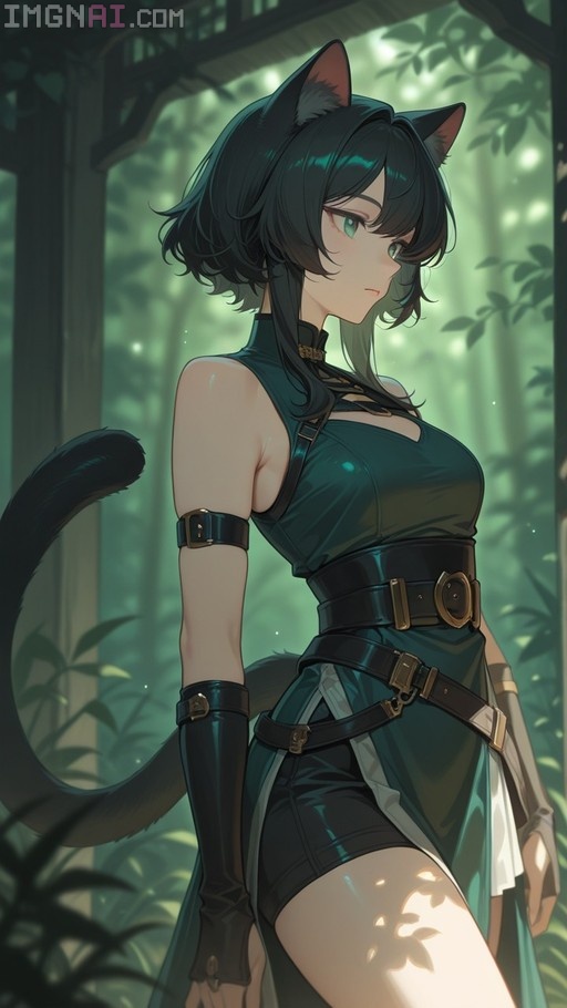 Anime cat girl with black hair and green eyes standing in a sunlit forest wearing a teal dress with multiple belts.