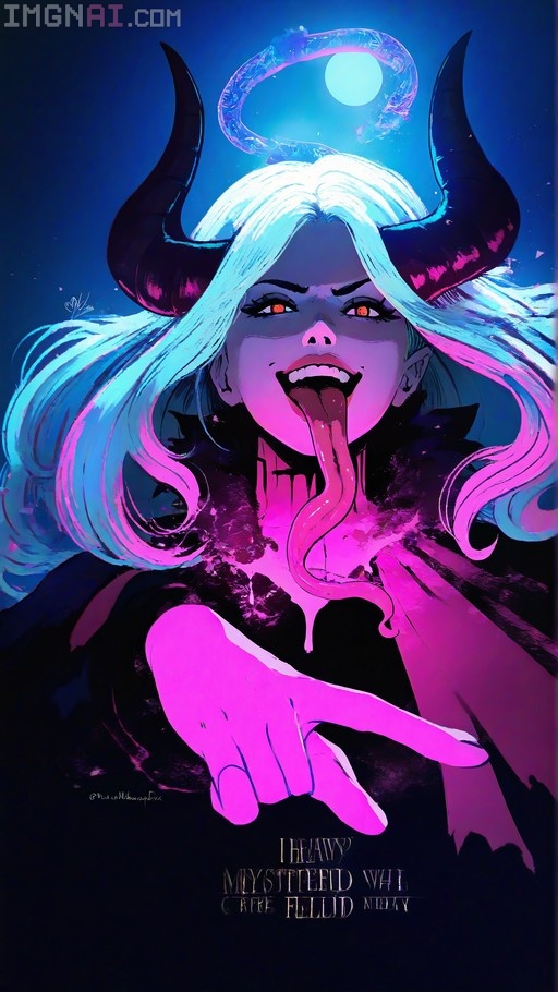 A stylized illustration of a horned succubus with white hair and large black horns pointing at the viewer with a long tongue out against a blue and pink neon background.