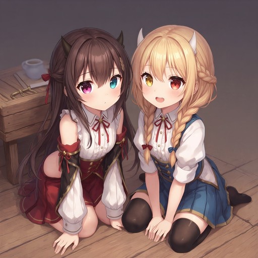 Two anime-style girls with small horns and heterochromatic eyes kneel on a wooden floor; one has brown hair in a red dress, the other blonde braids in a blue dress.