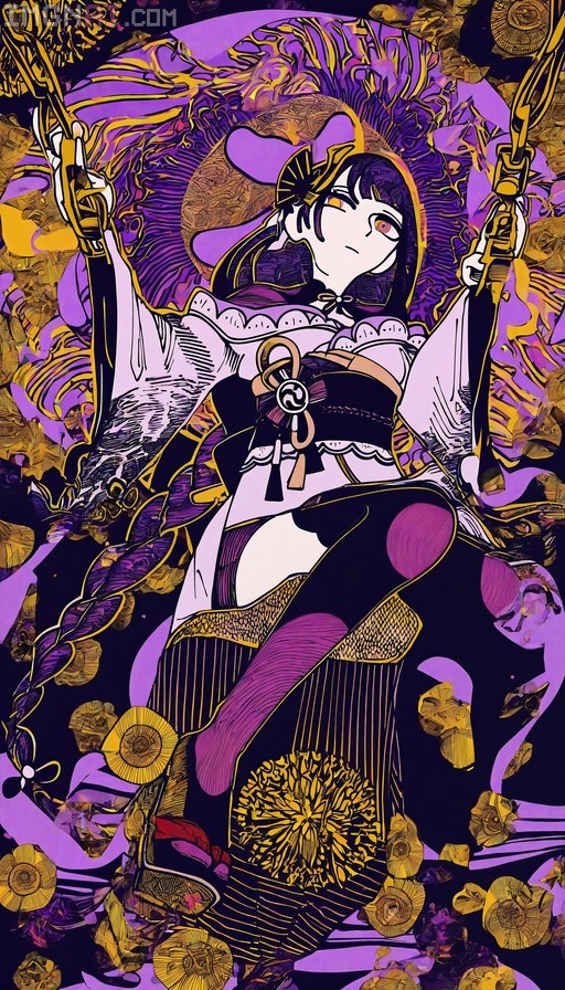 Raiden Shogun sitting on a swing in a psychedelic purple and gold floral illustration.