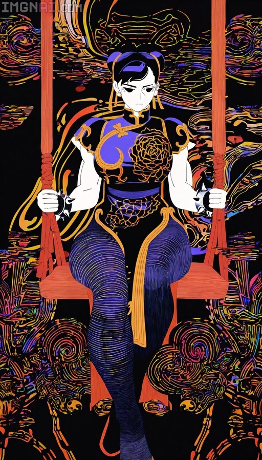 Chun-Li sitting on a swing in a psychedelic style with floral background and gold accents