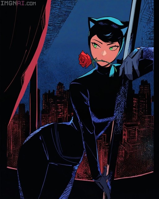 Catwoman in a black suit with cat ears holds a red rose in her mouth while leaning by a window overlooking a city at night.