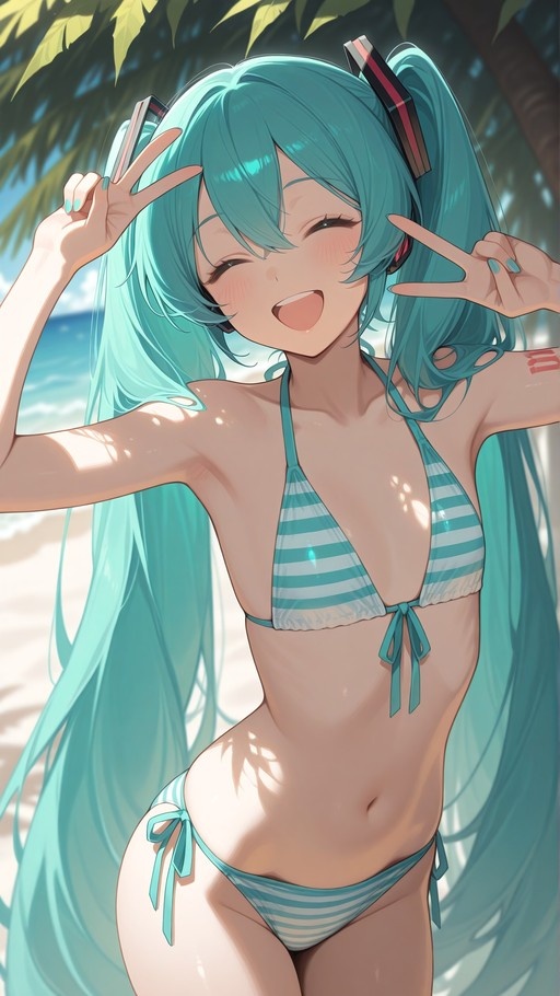 Hatsune Miku in a striped bikini making peace signs on the beach.