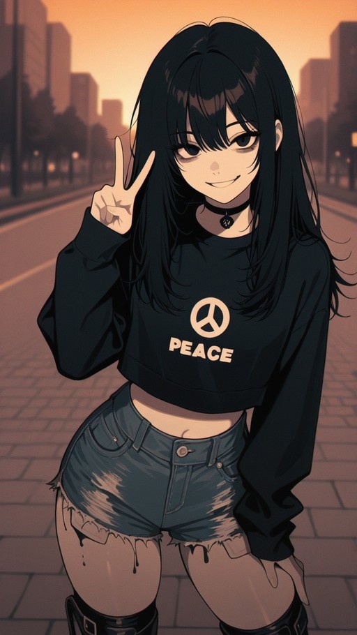 Anime girl with long black hair wearing a black peace shirt and denim shorts making a peace sign