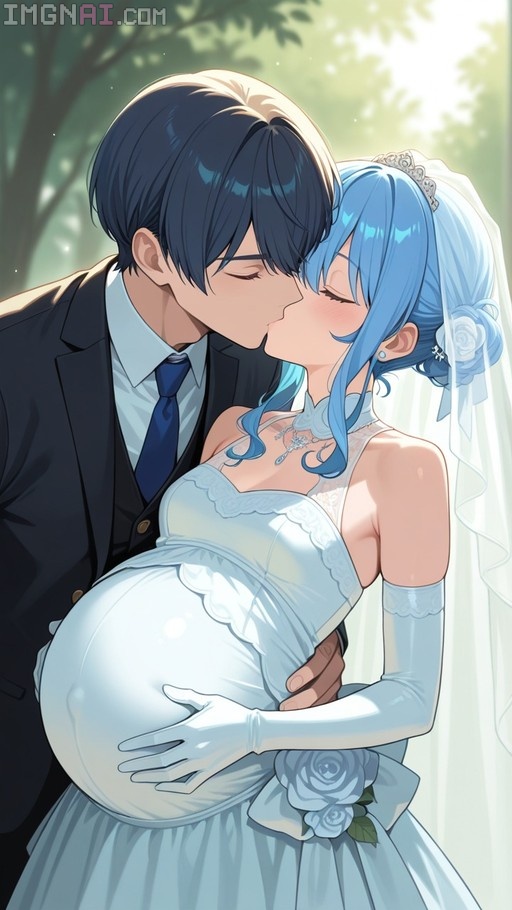 A pregnant Hoshimachi Suisei in a white wedding dress and veil kisses her groom outdoors.