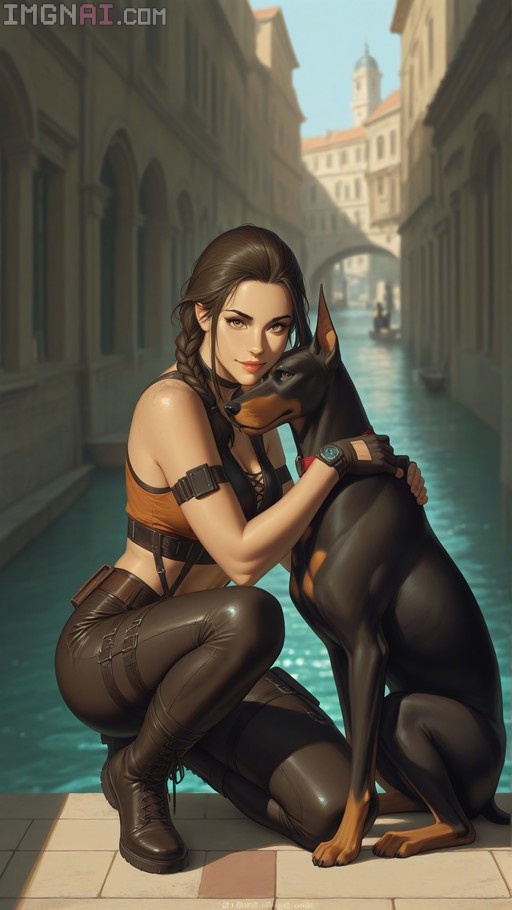 A woman resembling Lara Croft crouching and hugging a Doberman dog in a Venetian canal setting.