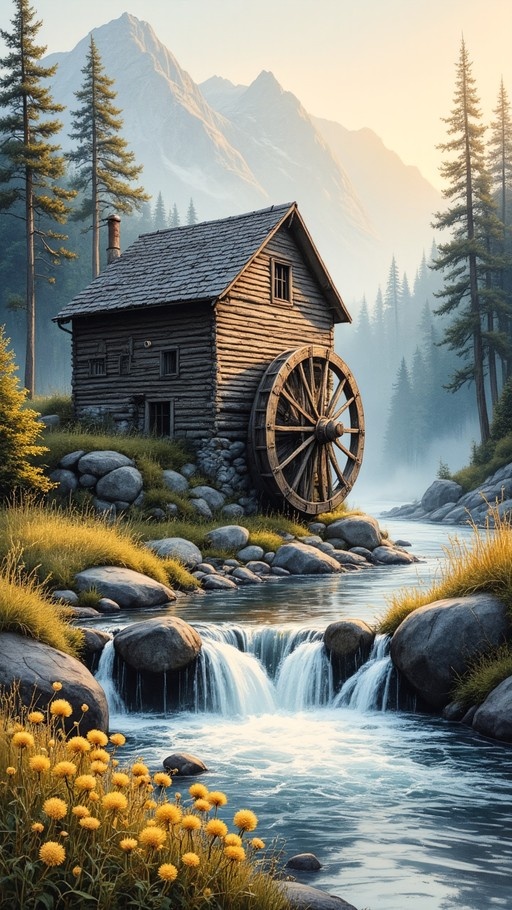 A weathered wooden mill with a large water wheel sits beside a flowing stream in a mountain valley, surrounded by tall pine trees and yellow wildflowers.