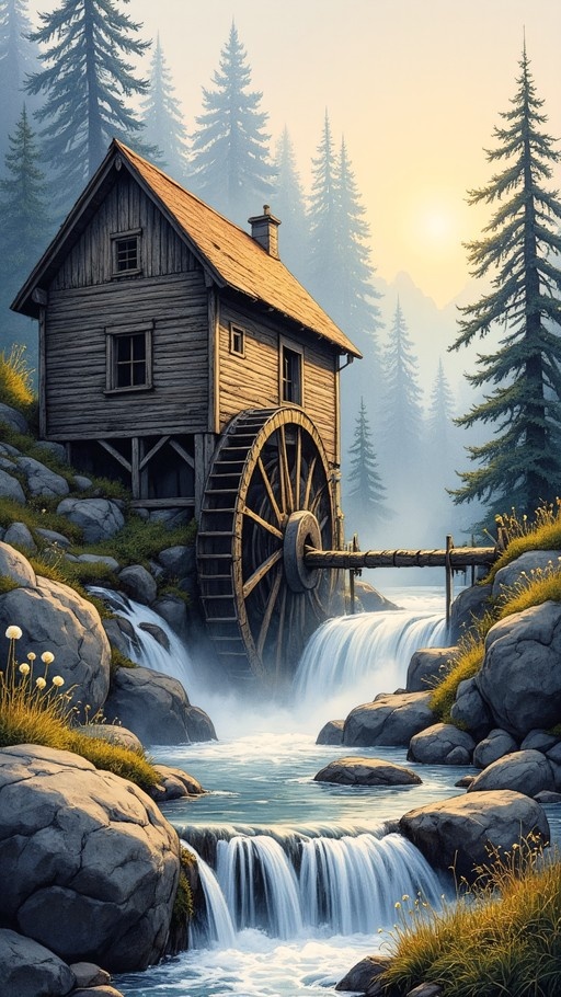 A rustic wooden water mill with a large wheel sits beside a rushing stream in a misty pine forest at sunrise.