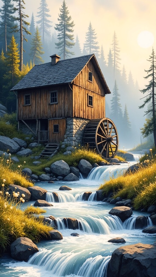 A rustic wooden water mill with a large wheel sits beside a rushing stream in a sunlit forest surrounded by tall pine trees and rocks.