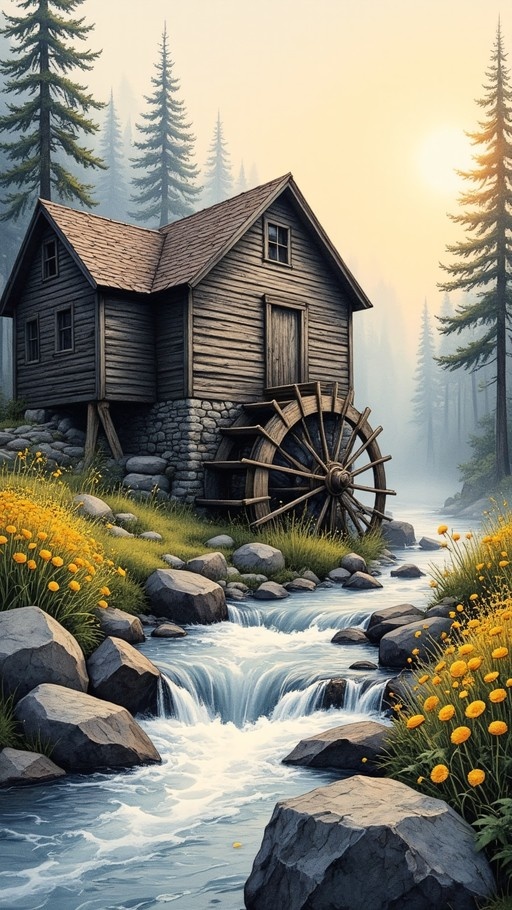 A digital illustration of a rustic wooden mill with a large water wheel situated beside a rocky stream in a misty forest filled with tall pine trees and yellow wildflowers.