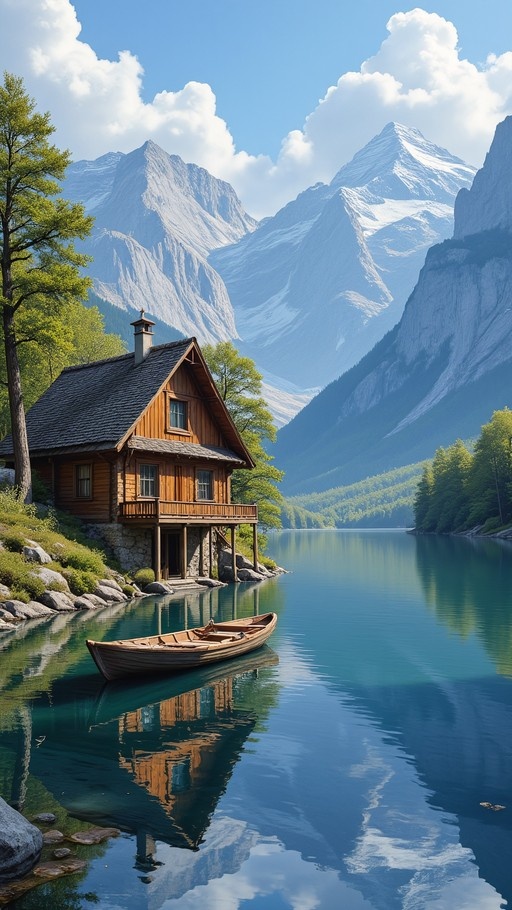 A wooden cabin on stilts by a calm lake with a small boat and snow-capped mountains in the background.
