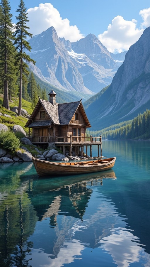 A wooden cabin built over a calm lake with a small rowboat floating nearby and majestic mountains in the background.
