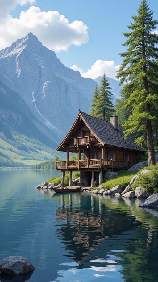 A wooden cabin on stilts over a calm lake with a small boat, surrounded by green trees and a large mountain in the background under a blue sky.