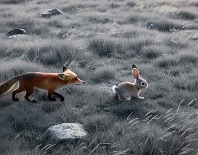 A red fox approaches a grey rabbit in a field of tall grey grass; they look at each other before the rabbit hops away into the distance as the scene transitions to night.