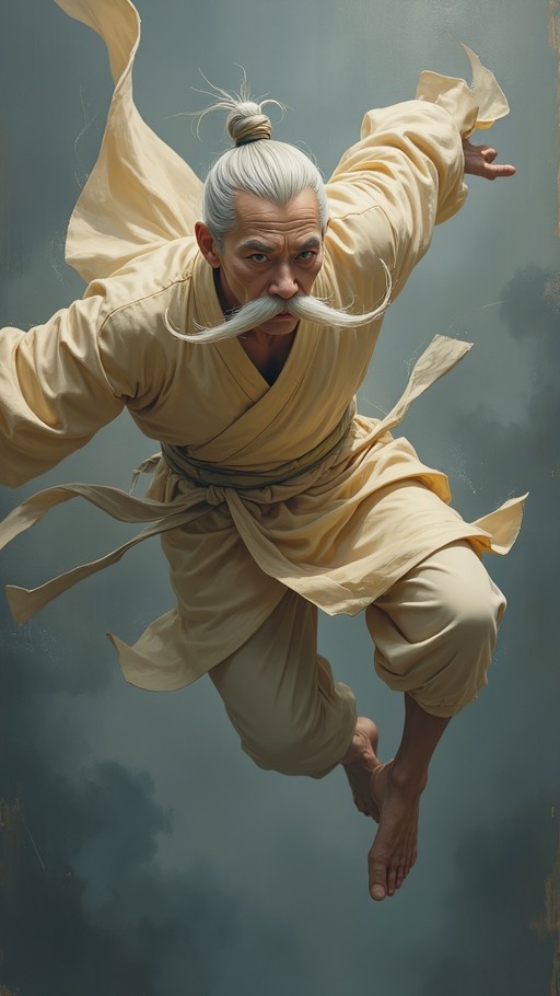 An elderly Asian man with a long white mustache and hair in a bun, wearing loose cream-colored robes, is captured mid-air in a martial arts pose against a cloudy sky.