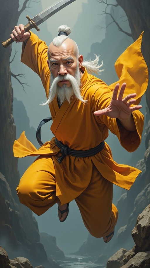 An elderly man with a long white beard and topknot wearing a yellow robe jumps through the air holding a sword.