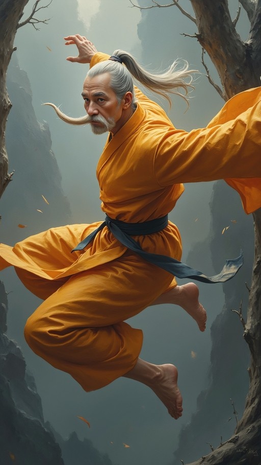 An elderly man with a long white mustache and ponytail leaps through the air wearing orange robes in a misty forest.