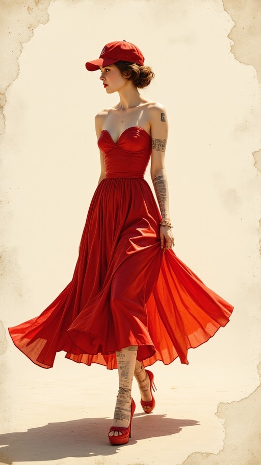 A tattooed woman in a red strapless dress and red baseball cap walks forward holding her skirt against a textured wall.