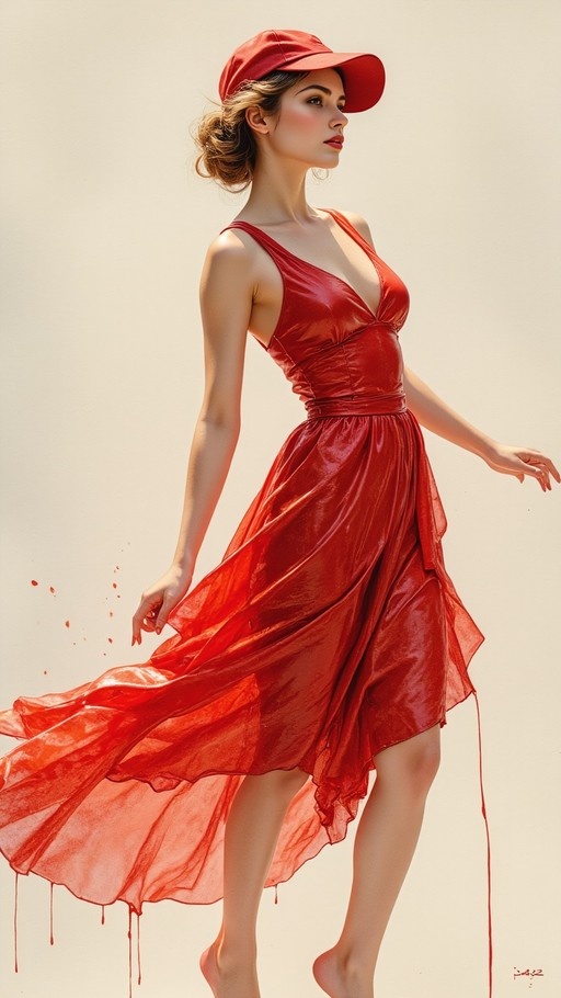 A woman in a shiny red dress and red cap stands barefoot with red liquid dripping from her dress hem against a plain background.