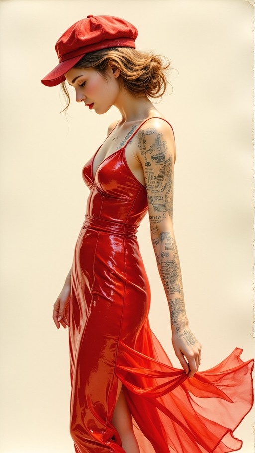 Side view of a blonde woman wearing a shiny red dress and matching red cap, holding out the sheer bottom of her skirt.