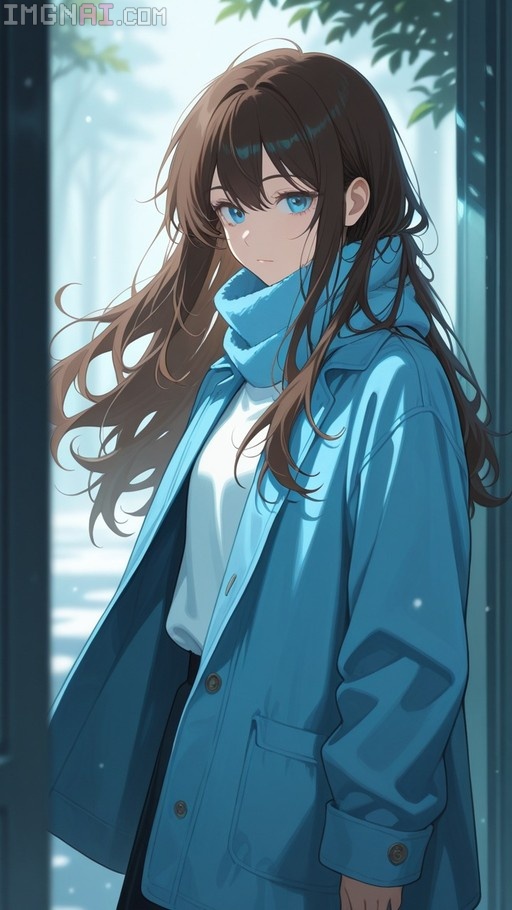 An anime-style illustration of a young woman with long brown hair and blue eyes wearing a white shirt, black skirt, and a blue coat with a thick light blue scarf, standing outdoors in a snowy setting.
