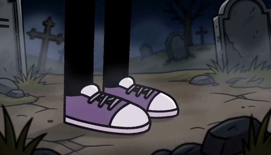 An animated character with long purple hair and a black shirt reading "$EMO" stands in a foggy graveyard at night under a full moon.