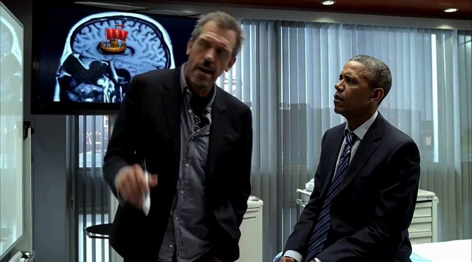 Dr. House explains a diagnosis to Barack Obama while writing 'Pirate Syndrome?' on a whiteboard.