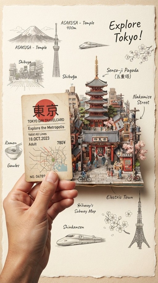 Realistic hand holding a vintage Tokyo Day Travelcard against a backdrop of a detailed miniature pop-up diorama featuring Senso-ji Pagoda, Shibuya, and hand-drawn illustrations of Mount Fuji and cherry blossoms.