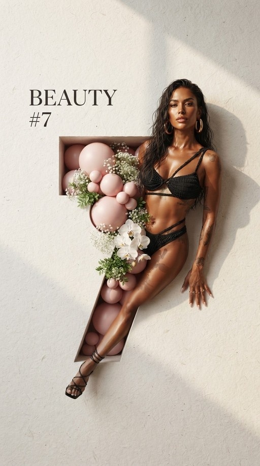 A dark-skinned woman in a black bikini poses next to a large number seven made of pink balloons and flowers.