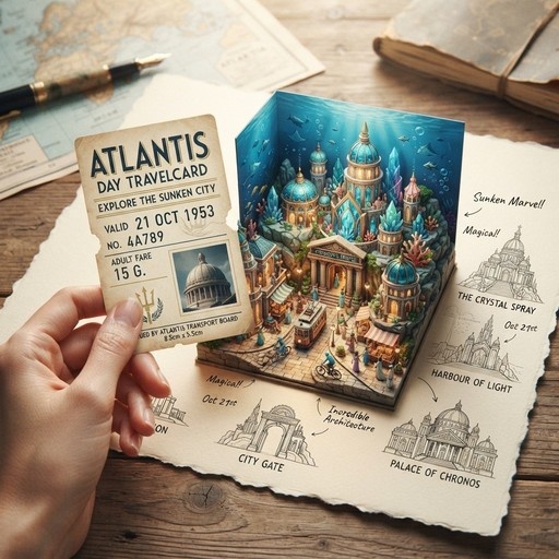 A hand holding a vintage Atlantis travel card next to a detailed pop-up illustration of an underwater city with crystal domes and coral sketches on paper.