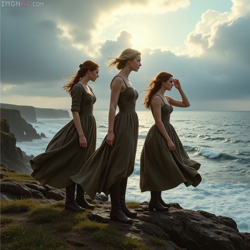 Three women in long olive-green dresses standing on a rocky cliff edge overlooking the ocean with wind blowing their hair and skirts under a cloudy sky.