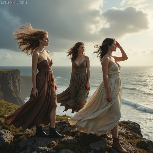 Three women in long brown and cream dresses standing on a rocky cliff overlooking the ocean with wind blowing their hair.