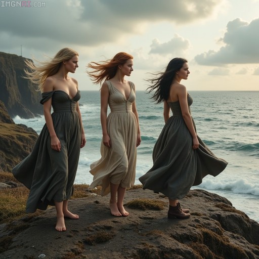 Three women in long dresses standing on a rocky cliff overlooking the ocean with windblown hair.
