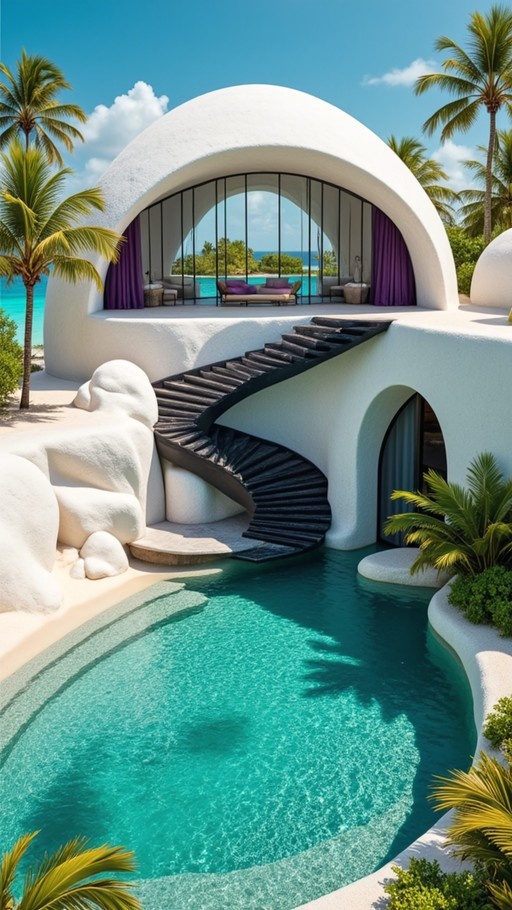 A white dome-shaped house with a black spiral staircase and a turquoise pool surrounded by palm trees.