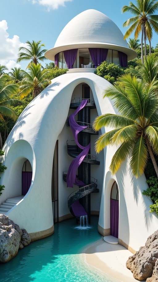 A futuristic white organic building with a dome and purple drapes sits by turquoise water, surrounded by palm trees and featuring a spiral staircase leading into the pool.