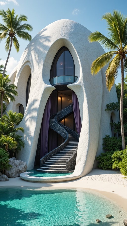 A white organic-shaped building with a black spiral staircase and purple curtains stands on a sandy beach surrounded by palm trees and turquoise water.