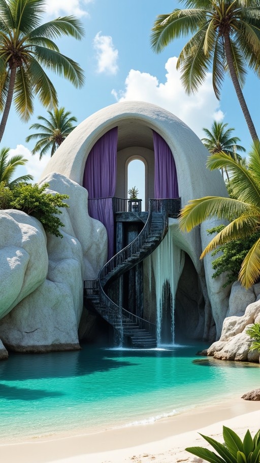 A white shell-shaped pavilion with a spiral staircase and purple curtains sits on a tropical beach, with water cascading into a turquoise pool surrounded by palm trees.