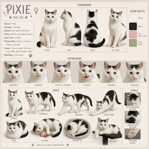 A character reference sheet for Pixie, a white and black Domestic Shorthair cat, featuring turnaround views, facial expressions like happy and playful, and poses including sitting and stretching.