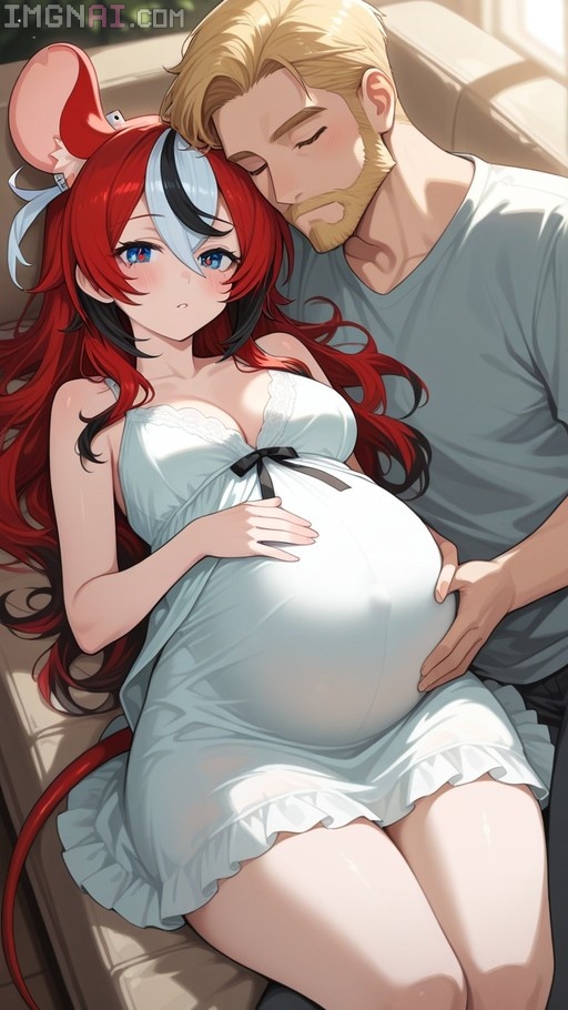 A pregnant anime girl with red and white hair and mouse ears lies on a couch next to a blonde man while they both hold her belly.