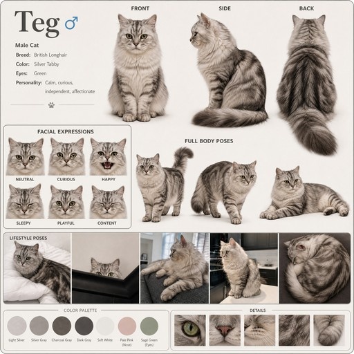 A character reference sheet for a male British Longhair cat named Teg, showing front, side, and back views, facial expressions, full body poses, lifestyle shots, and a color palette.