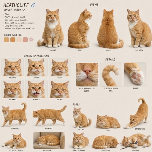 Character reference sheet for Heathcliff, a male ginger tabby cat, showing front, side, back, and 3/4 views, various facial expressions like neutral and grumpy, details of nose freckles and question mark tail, and poses including standing, walking, sitting, loafing, stretching, and playing.