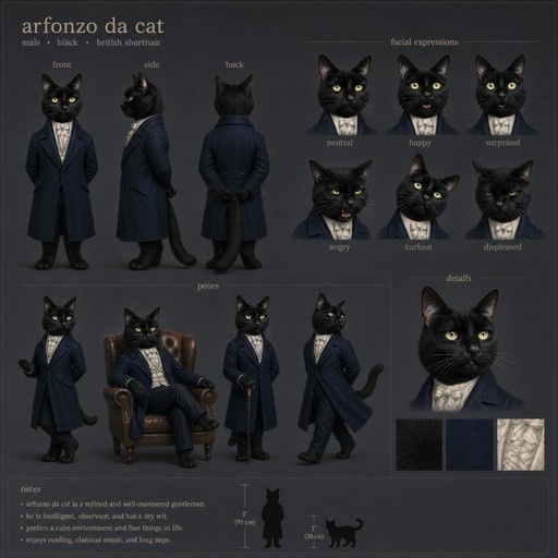 Character reference sheet for Arfonzo da Cat showing a male black British Shorthair in a blue coat with multiple views and facial expressions.
