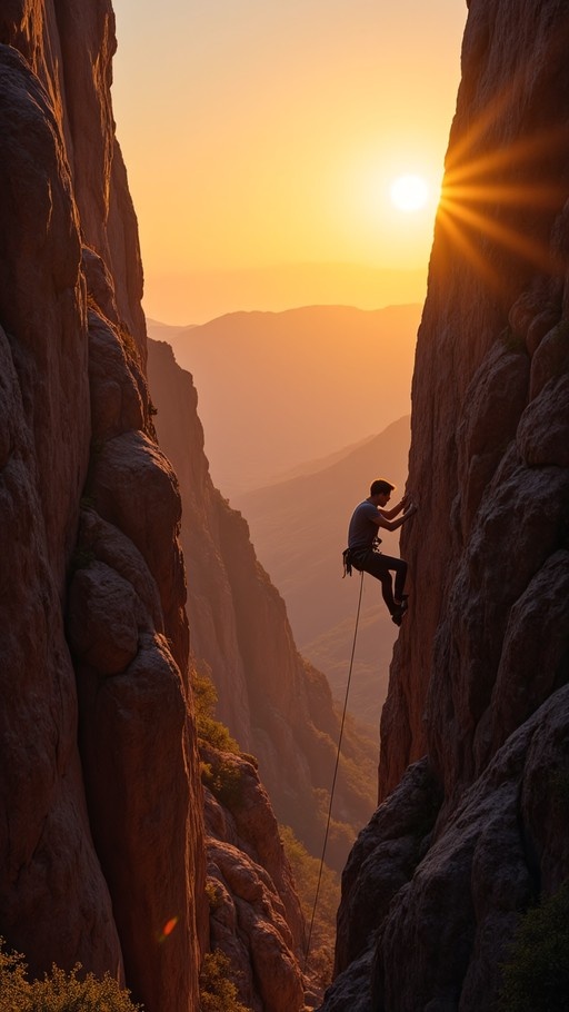 A man in a blue shirt rock climbing up a vertical cliff wall in a canyon during sunset with the sun flaring over the edge.