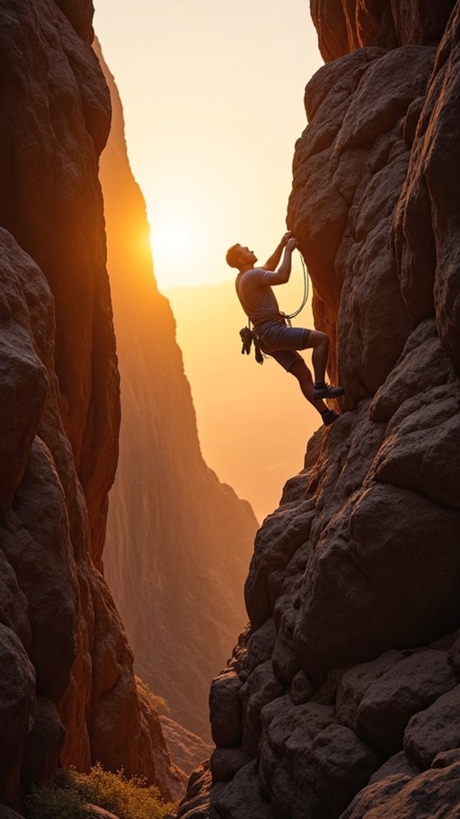 A man rock climbing up a steep canyon wall during sunset with warm backlighting.