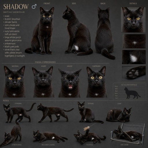 Character reference sheet for Shadow, a male British Shorthair cat with black fur and yellow eyes, showing multiple poses and facial expressions.