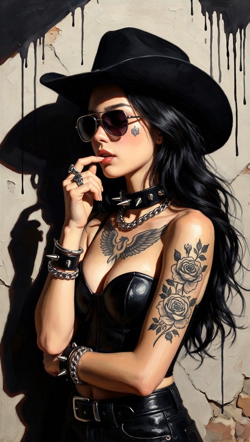 A digital painting of a woman with long black hair wearing a black cowboy hat and sunglasses. She has tattoos of roses on her arm and wings on her chest, wears a spiked choker and leather bustier, and poses against a wall with dripping paint.