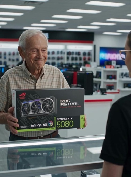 An older man wearing glasses and a collared shirt stands at a computer store counter holding a graphics card box while listening to the cashier.