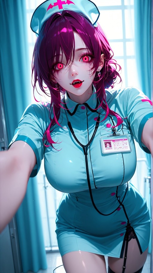 Kafka from Honkai: Star Rail dressed as a vampire nurse with purple hair and red eyes